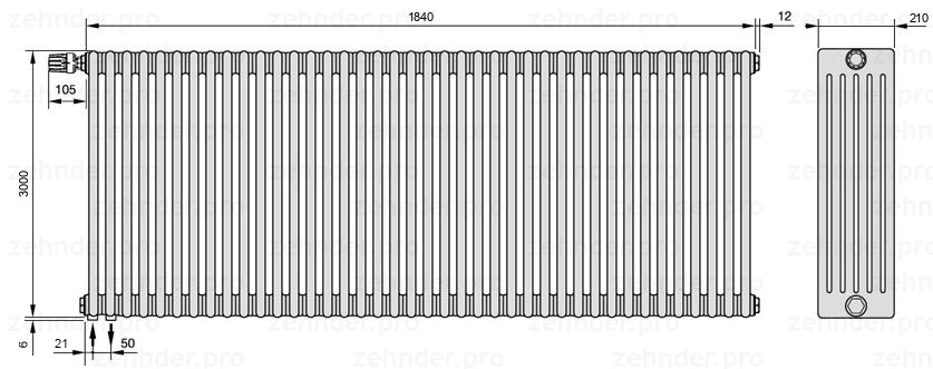 Схема (чертеж) Радиатор Zehnder Charleston 6300/40 №V001 Белый глянцевый RAL 9016